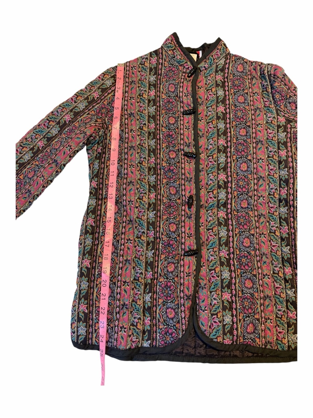 Vintage Floral Quilted Jacket Mandarin Collar Frog Closure Boho Statement Coat - Picture 6 of 7